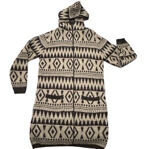 Monteau Los Angeles Womens Black Cream Geometric Hooded Longline Cardigan Medium